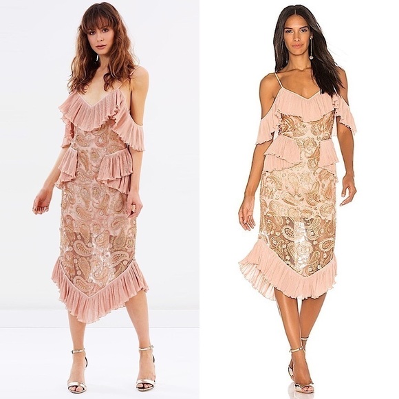 ALICE MCCALL 70s Off Shoulder Ruffle Metallic Paisley Embroidered Midi Dress 6 - Picture 1 of 16